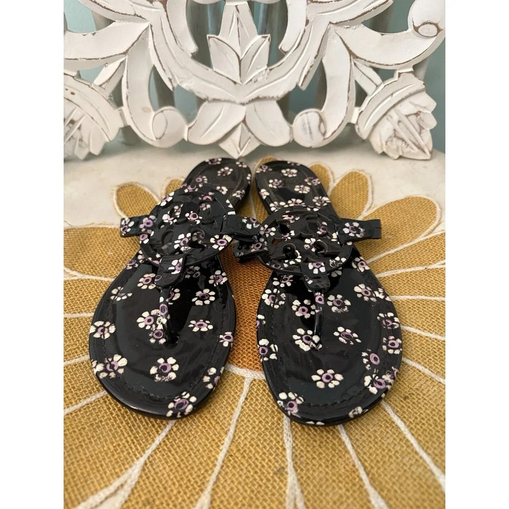 Tory Burch MILLER SANDALS Black Stamped Floral Patent Leather Sandal 9 Worn Once